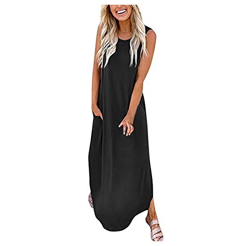 PYUIYY Kleider Damen Loose Elegant Böhmisch Sommerkleid Strandkleid Freizeitkleider Rundhals Ärmellos Maxikleid Festkleid Oversize Wickelkleider Cocktailkleid Abendkleider(A Schwarz,L) von PYUIYY