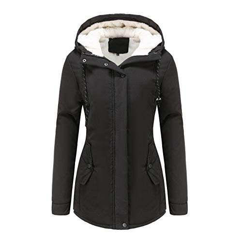 PYUIYY Mäntel Damen Herbst Winter Einfarbigen Slim mit Taschen Winterjacke Warm Reißverschluss mit Kordelzug Overcoat Outwear Mode-Bequem-Casual mit Kapuze Langarm Wintermantel(A Black,L) von PYUIYY