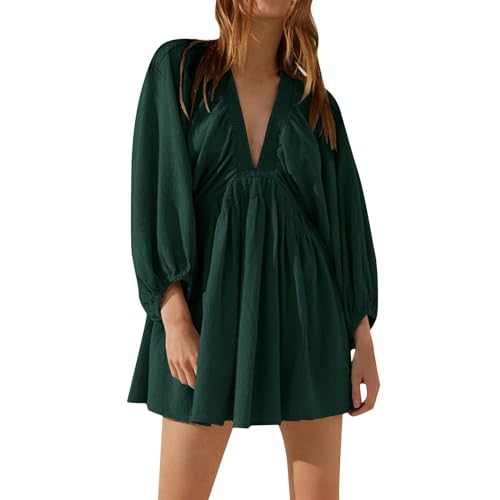 PYUIYY Minikleid Damen Einfarbig Tiefer V-Ausschnitt Kurz Strandkleid Urlaubskleid Langarm Puffärmel Swing Partykleid Ballkleider Fließend Plissee A-Linie Freizeitkleid (GN2,XL) von PYUIYY