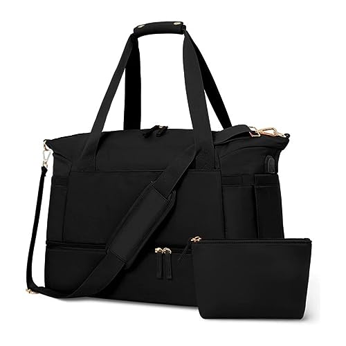 Sporttasche für Damen, 37 l, Sport-Reisetasche mit USB-Ladeanschluss, Übernachtungstasche Geburtstagskissen Mit Taschen (Black, One Size) von PYUIYY