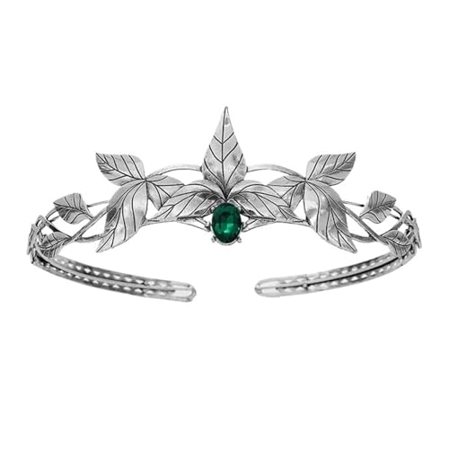 Krone Kronen-Diadem Mode Stirnbänder Brautkronen Krone Party Göttin Metallblatt mit Kristallkrone Elfenkopfschmuck(Silver Green) von PZOFERLIN