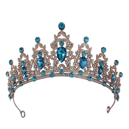 Krone Kronen-Diadem Mode Stirnbänder Brautkronen Krone elegante barocke Tiara for Frauen Hochzeit Mädchen Party Krone Haarschmuck(Gold Sky Blue) von PZOFERLIN