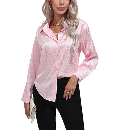 PZUYBZQ Bluse damen Damenhemden Aus Satinseide Mit Knopfleiste, Elegante Langärmlige Bluse Mit V-Ausschnitt Und Leopardenmuster In Jacquard-Optik Lockere Tunika(Pink,M) von PZUYBZQ