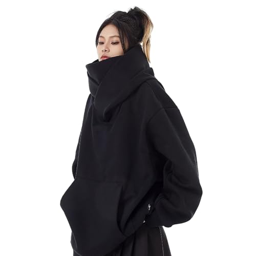 PZUYBZQ Kapuzenpullover Für Damen, Übergroße Kuschelige Fleece-Pullover, Lockeres Lässiges Rollkragen-Sweatshirt Mit Kapuze Und Taschen(Black,L) von PZUYBZQ