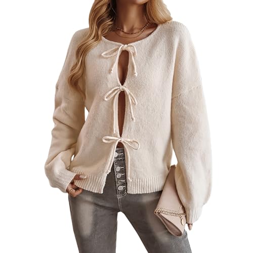 PZUYBZQ Strickjacke Damen, Cardigan Mit Bindeband Vorne, Süße Puffärmel Mit Schleife Lockerer Herbstmantel Aus Rippstrick(Apricot,S) von PZUYBZQ