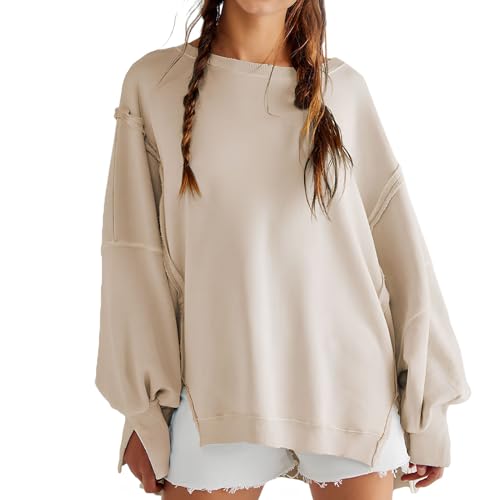 PZUYBZQ Sweatshirts Für Damen, Übergroße Sweatshirts Mit Rundhalsausschnitt, Lässiger Lockerer Pullover Mit Langen Ärmeln Und Umgekehrten Nähten(Apricot,L) von PZUYBZQ