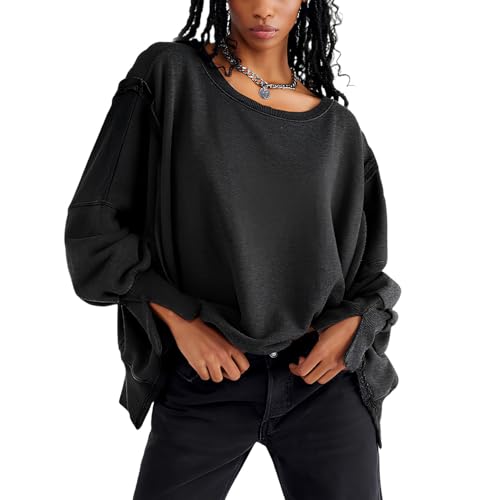 PZUYBZQ Sweatshirts Für Damen, Übergroße Sweatshirts Mit Rundhalsausschnitt, Lässiger Lockerer Pullover Mit Langen Ärmeln Und Umgekehrten Nähten(Black Gray,XL) von PZUYBZQ