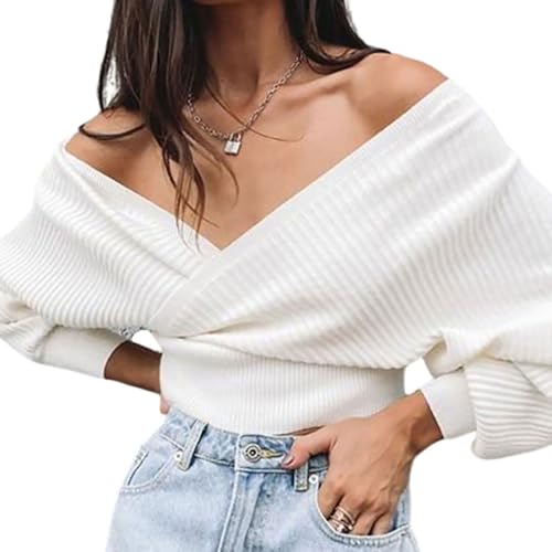 PZUYBZQ Wickelpullover Mit V-Ausschnitt Für Damen, Rückenfreier Pullover Mit Gedrehter Rückseite Und Überschnittenen Schultern, Langärmliges Strickoberteil Mit Geripptem Saum(White,S) von PZUYBZQ
