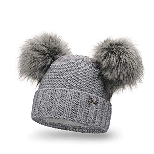 PaMaMi Damen Mütze Zwei Bommel I Kopfumfang 55-58 cm I Mütze 2 Bommel für Strenger Frost I Strick mütze Damen Winter I Beanie Damen mit Fleece I Ohne Kratzen von PaMaMi