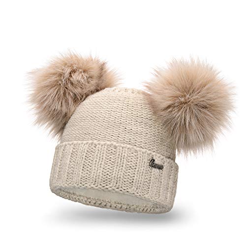 PaMaMi Damen Mütze Zwei Bommel I Kopfumfang 55-58 cm I Mütze 2 Bommel für Strenger Frost I Strick mütze Damen Winter I Beanie Damen mit Fleece I Ohne Kratzen von PaMaMi