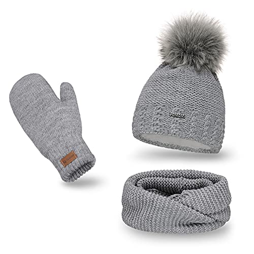 PaMaMi Damenset Dreiteilig Winter Mütze + Loopschal + Handschuhe | Kopfumfang 55-58 cm | Wintermütze Loopschal zum Wickeln Handschuhe Einheitsgröße | Winterspaziergänge von PaMaMi