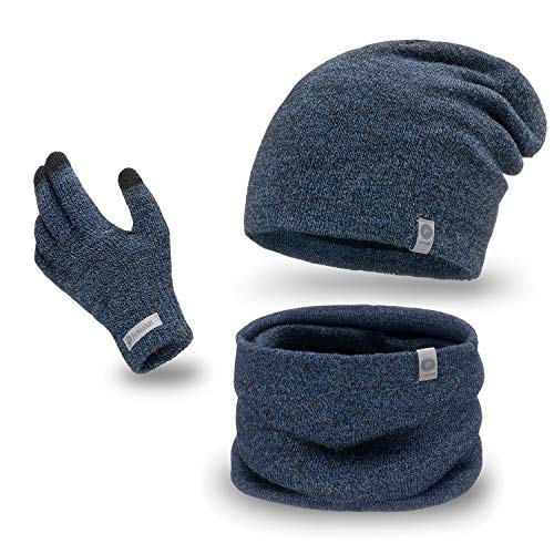 PaMaMi Herren Winter-Set, 3-teilig (Touchscreen-Handschuhe, Beanie-Mütze, Loop-Schal) | Handschuhe mit Touchscreen-Funktion, atmungsaktive Mütze und wärmender Loop-Schal in Strickoptik von PaMaMi