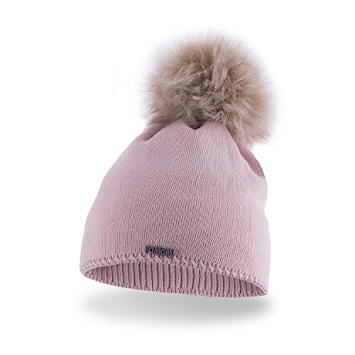 PaMaMi Slouch Beanie für Damen 17504 | warme Strickmütze mit Bommel | gestrickte Bommelmütze | Fellbommel Mütze für Winter | weiche Wintermütze | Farbenauswahl, Rosa, Universal von PaMaMi