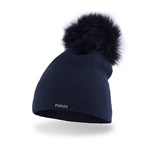 PaMaMi Winter Damen Mütze mit Perlen warme Wintermütze mit kunstfell Bommel - Slouch Beanie Damen - Bommelmütze für Damen - Fleece gefütterte Damenmütze (Dunkelblau) von PaMaMi