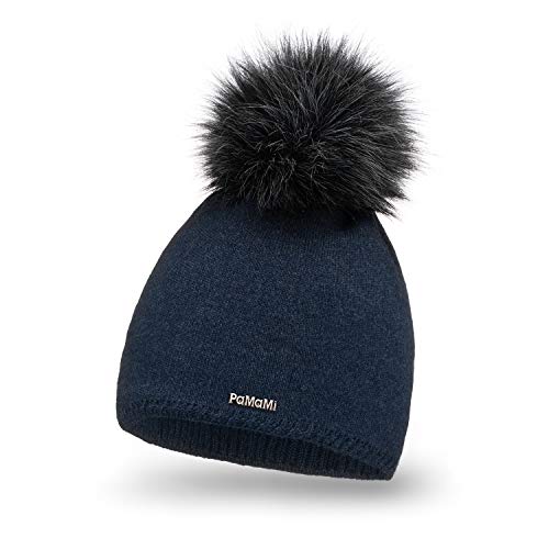 PaMaMi Winter Damen Mütze mit Perlen warme Wintermütze mit kunstfell Bommel - Slouch Beanie Damen - Bommelmütze für Damen - Fleece gefütterte Damenmütze (Marineblau) von PaMaMi