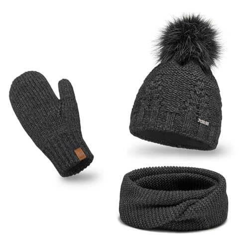 PaMaMi Winterset Mütze, Schal & Handschuh-sets für Damen I Kopfumfang 55-58 cm I Wintermütze mit Fleecefutter Atmungsaktiv I Winter-Strickset für Frauen I Fäustlinge Mütze Schal set Damen von PaMaMi