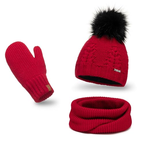 PaMaMi Winterset Mütze, Schal & Handschuh-Sets für Damen I Kopfumfang 55-58 cm I Wintermütze mit Fleecefutter Atmungsaktiv I Winter-Strickset für Frauen I Fäustlinge Mütze Schal Set Damen von PaMaMi