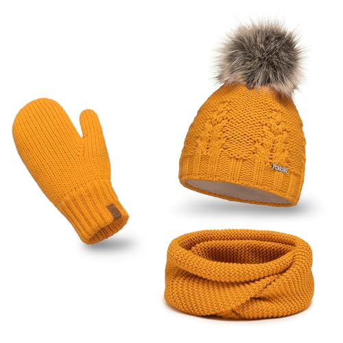 PaMaMi Winterset Mütze, Schal & Handschuh-sets für Damen I Kopfumfang 55-58 cm I Wintermütze mit Fleecefutter Atmungsaktiv I Winter-Strickset für Frauen I Fäustlinge Mütze Schal set Damen von PaMaMi