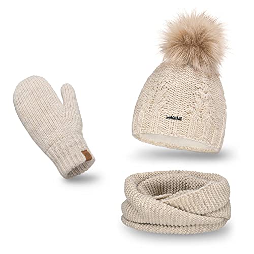 PaMaMi Winterset Mütze, Schal & Handschuh-Sets für Damen I Kopfumfang 55-58 cm I Wintermütze mit Fleecefutter Atmungsaktiv I Winter-Strickset für Frauen I Fäustlinge Mütze Schal Set Damen von PaMaMi
