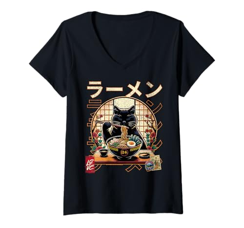 Damen Ramen Nudeln Retro Katze Japan T-Shirt mit V-Ausschnitt Damen Ramen Nudeln Retro Katze Japan T-Shirt mit V-Ausschnitt von PaSu-Wear
