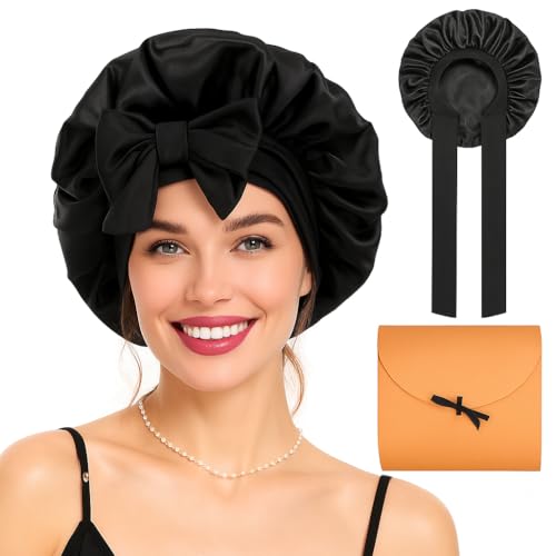 Pabbyeey Seidenhaube zum Schlafen, Schlafmütze aus 100 % Maulbeerseide,Seidenschlafmütze für Frauen,Silk Bonnet mit verstellbarem breitem Band,Schlafmütze aus Seide für lange Haare und Locken(Schwarz von Pabbyeey