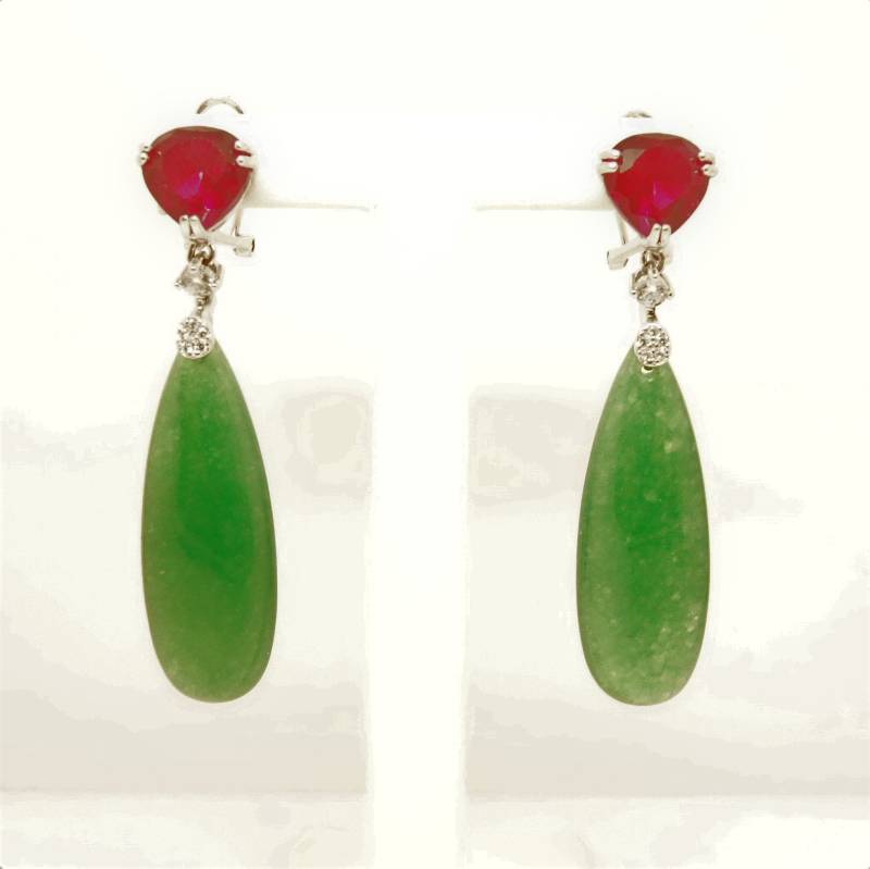 Ohrringe-Anhänger Aus Silber, Roten Steinen Und Teardrop Jadeit von PabloMJoyas