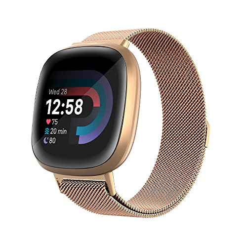 PaceBid Armband Kompatibel mit Fitbit Sense 2/Fitbit Versa 4, Metall Gewebte Edelstahl Magnetisch Ersatzband Herren Damen Klassisches Verstellbarer Uhrenarmband für Fitbit Sense 2/Versa 4 -Roségold von PaceBid