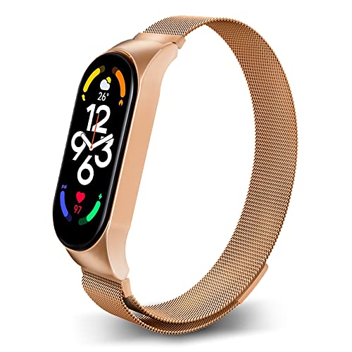 PaceBid Armband Kompatibel mit Xiaomi Mi Band 7, Metall Gewebte Edelstahl Magnetisch Ersatzband Armband, Klassisches Verstellbarer Uhrenarmband für Xiaomi Mi Band 7 (Roségold) von PaceBid