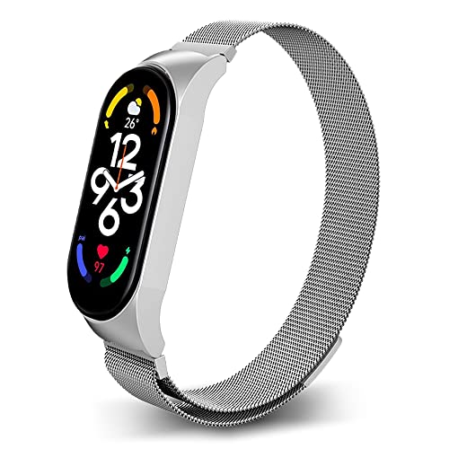 PaceBid Armband Kompatibel mit Xiaomi Mi Band 7, Metall Gewebte Edelstahl Magnetisch Ersatzband Armband, Klassisches Verstellbarer Uhrenarmband für Xiaomi Mi Band 7 (Silber) von PaceBid