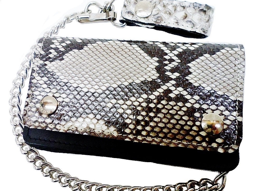 Python-Biker-Geldbörse, Geldbörse Aus Leder Und Fell Python, Mit Kette, Mittlere Größe cm.16, 5 X 10, Made in Italy von PachProduction