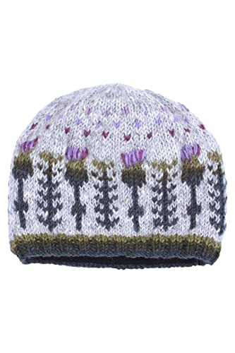 Damen Beanie Mütze aus Wolle, handgestrickt, schottisches Distel-Design, mehrfarbig, Einheitsgröße, handgefertigt, extra warm, Pachamama, Hellbraun, Grün, Flieder, Violett, M von Pacha Mama