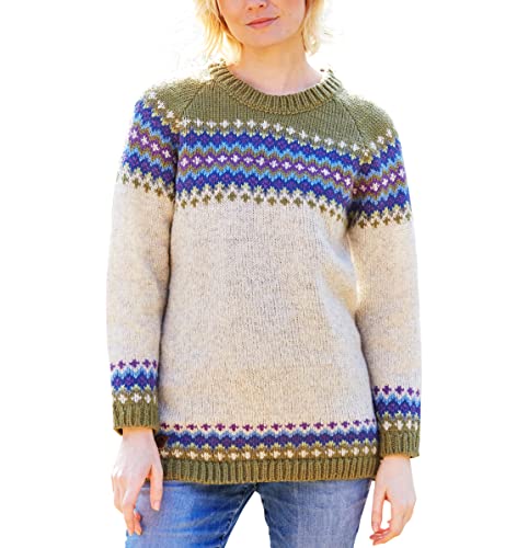 Damen Pullover aus Wolle, handgestrickt, Fair Isle, natürliche Farben, handgefertigt, extra warm, Pachamama, Fair Trade, olivgrün, M von Pacha Mama