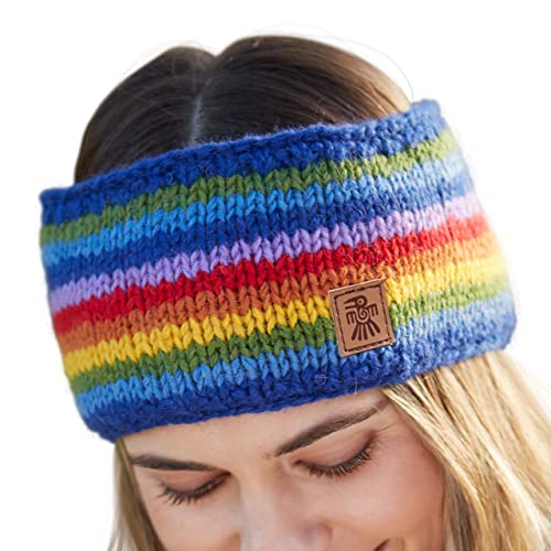 Pachamama Damen Wolle Ohrenwärmer Stirnband Fleece Gefüttert Handgestrickt Regenbogen Farben Streifen Mehrfarbig Einheitsgröße Handmade Fair Trade von Pachamama