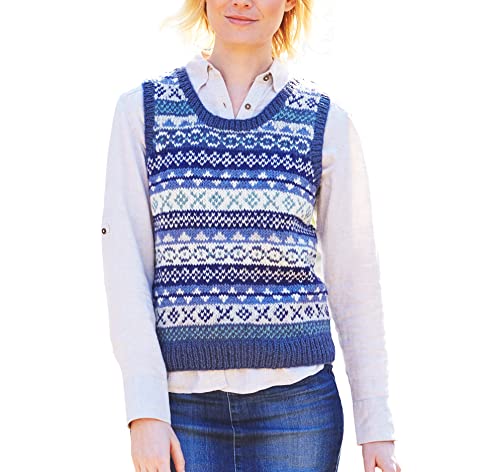 Pachamama Damen-Tanktop aus Wolle, ärmellos, fein, handgestrickt, traditionell, Fair-Isle-Handarbeit, warm, Fair-Trade-Oberteil, denim, M von Pachamama