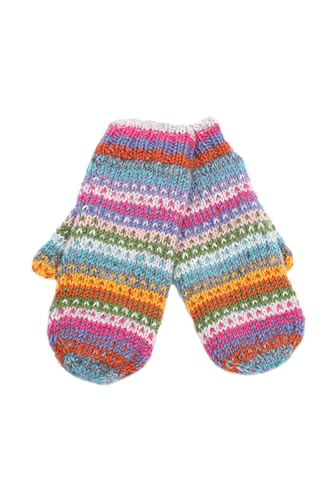 Pachamama Damen Fäustlinge Wolle Fäustlinge Fleece gefüttert handgestrickt Punkte Streifen mehrfarbig Einheitsgröße handgefertigt extra warm Fair Trade, hellbeige, One size von Pachamama