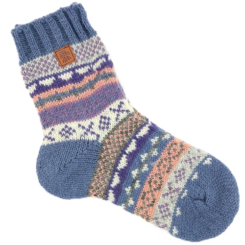 Pachamama Damen-Socken, 100 % Wolle, fein, handgestrickt, gestreift, Fair Isle, Größe M 37-40, handgefertigt, extra warm, Fair Trade, violett, Einheitsgröße von Pachamama