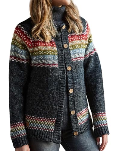 Pachamama Damen Woll-Cardigan Fein Handstrick Fair Isle Nordic Charcoal Bunt Handgefertigt Warm Geknöpft Fair Trade, anthrazit, L von Pachamama