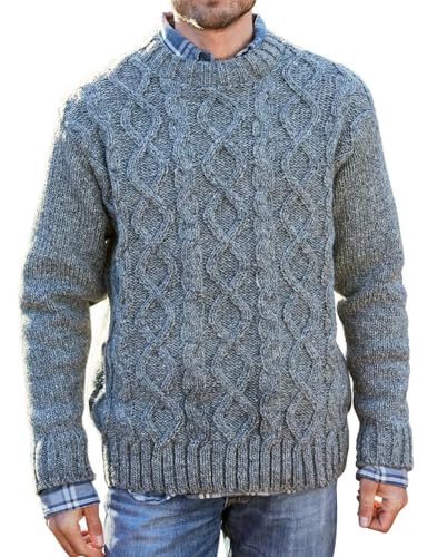 Pachamama Herren Wollpullover Handgestrickt Zopfmuster Einfarbig Handgefertigt Dicker Warmer Langarm Rundhals Pullover Sweater Sweater Fair Trade, grau, L von Pachamama