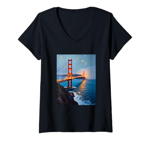 Damen San Francisco Golden Gate Bridge Sternennebellandschaft Pop T-Shirt mit V-Ausschnitt Damen San Francisco Golden Gate Bridge Sternennebellandschaft Pop T-Shirt mit V-Ausschnitt von Pacific Glow Artworks Co.
