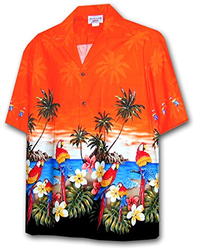 Pacific Legend Herren Hawaii-Hemd Parrots Beach Border - Orange - Groß von Pacific Legend