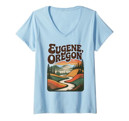 Damen Eugene Oregon PNW Retro-Kunst im Vintage-Stil, malerische Bergflusskunst T-Shirt mit V-Ausschnitt von Pacific Northwest Graphic Travel Forest Nature