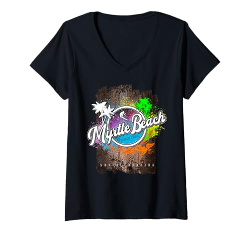 Damen Myrtle Beach South Carolina Surf-Retro-Sonnenuntergangs-Design T-Shirt mit V-Ausschnitt von Pacific Oracle T Shirts & Gifts