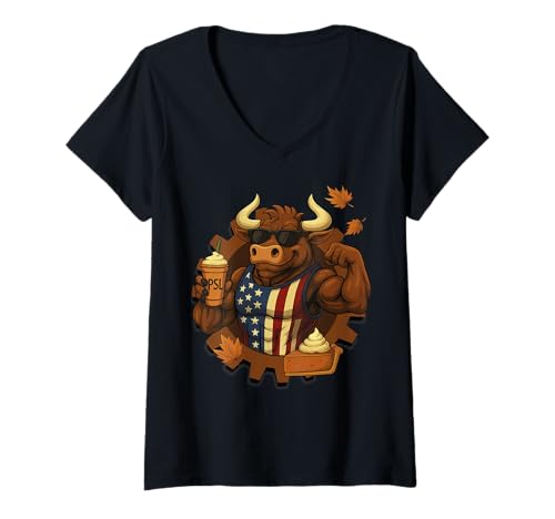 Damen Patriotischer Thanksgiving Bull Lustiger Kürbis Gewürz Latte Fall T-Shirt mit V-Ausschnitt von Pacific Oracle T Shirts & Gifts
