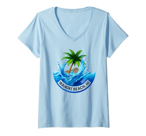 Damen Waikiki Beach Hawaii Palme Wave Design T-Shirt mit V-Ausschnitt von Pacific Oracle T Shirts & Gifts