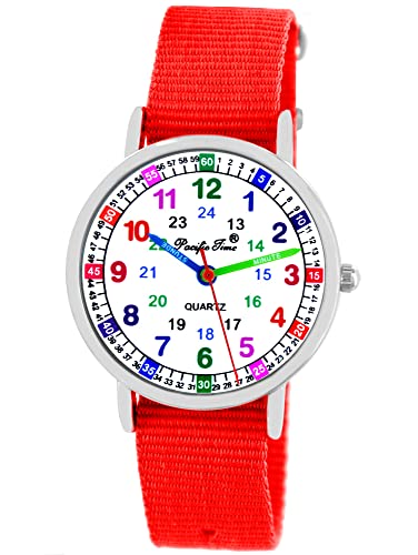 Pacific TimPacific Time Kinder Armbanduhr Mädchen Jungen Uhr Kids Lernuhr rot Textil Wechselarmband analog Quarz 10913 von Pacific Time