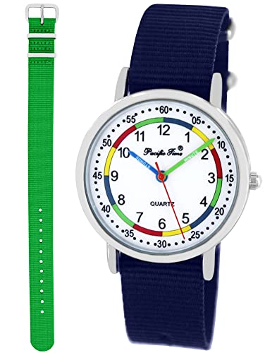 Pacific Time Kinder Lernuhr Analog Quarz mit 2 Textilarmband 10007 Blau Grün von Pacific Time
