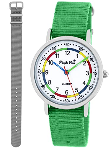 Pacific Time Lernuhr Mädchen Jungen Kinder Armbanduhr 2 Armband grün + grau analog Quarz 10008 von Pacific Time