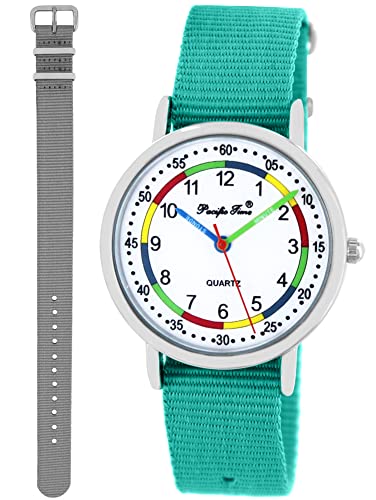 Pacific Time Lernuhr Mädchen Jungen Kinder Armbanduhr 2 Armband türkis + grau analog Quarz 10019 von Pacific Time