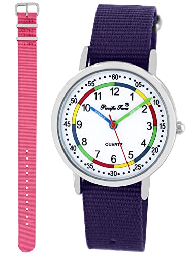 Pacific Time Lernuhr Mädchen Jungen Kinder Armbanduhr 2 Armband violett + rosa analog Quarz 10012 von Pacific Time