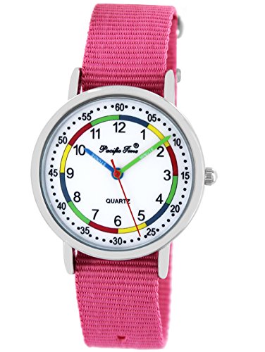 Pacific Time First Kinder-Armbanduhr Lernuhr Jungen Mädchen Regenbogenfarben Schnellwechsel Textilarmband analog Quarz rosa 865210 von Pacific Time